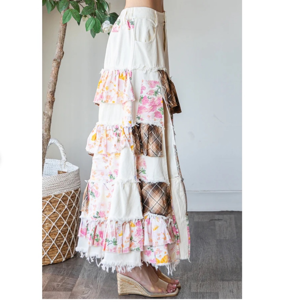 Oli & Hali Cream Patchwork Maxi Skirt with Floral & Plaid Ruffles - Picture 3 of 7